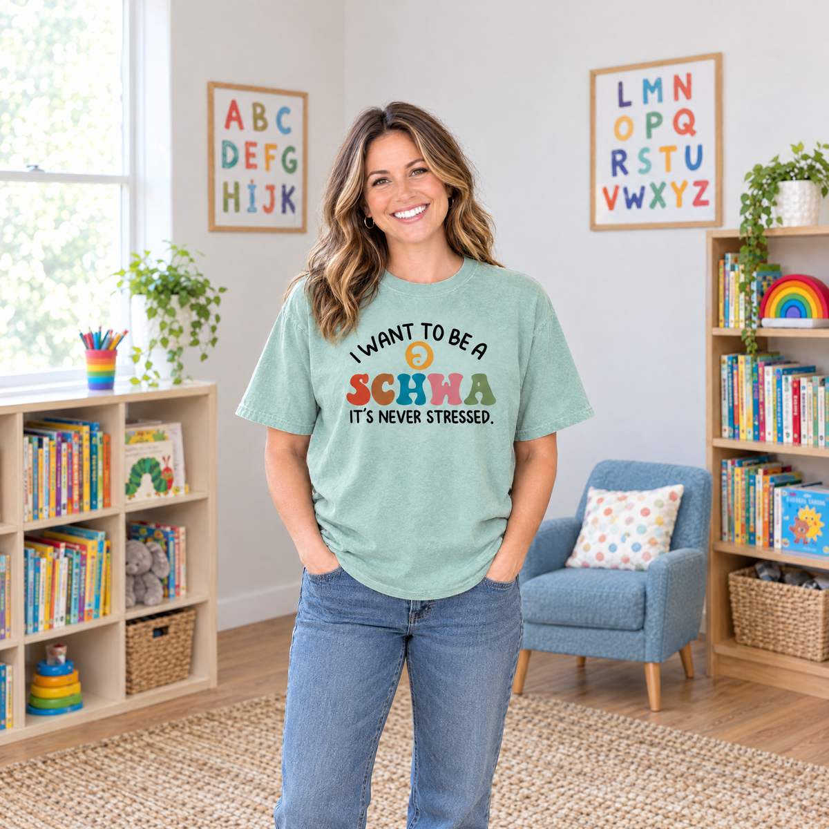I Want To Be A Schwa shirt in Seafoam Comfort Colors, worn by a model