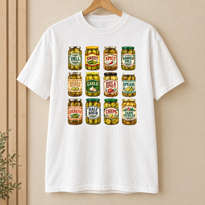 Pickle jar shirt in White Comfort Colors, on a wooden hanger