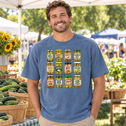 Pickle jar shirt in Blue Jean Comfort Colors, worn by a model