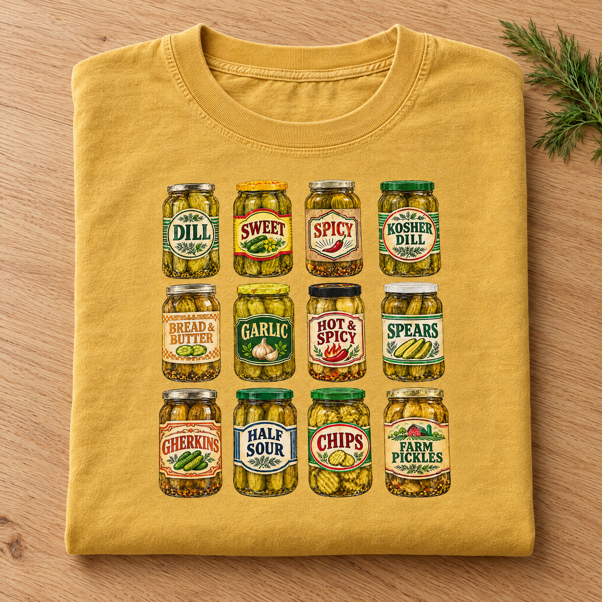 Pickle jar shirt in Mustard Comfort Colors, neatly folded