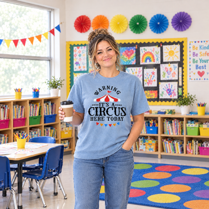 Warning It's A Circus Here Today shirt in Chambray Comfort Colors, worn by a model