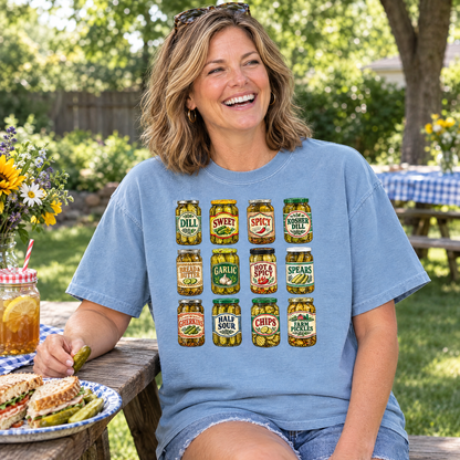 Pickle jar shirt in Chambray Comfort Colors, worn by a model