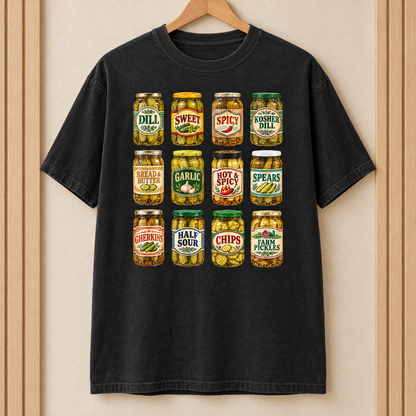 Pickle jar shirt in Black Comfort Colors, on a wooden hanger