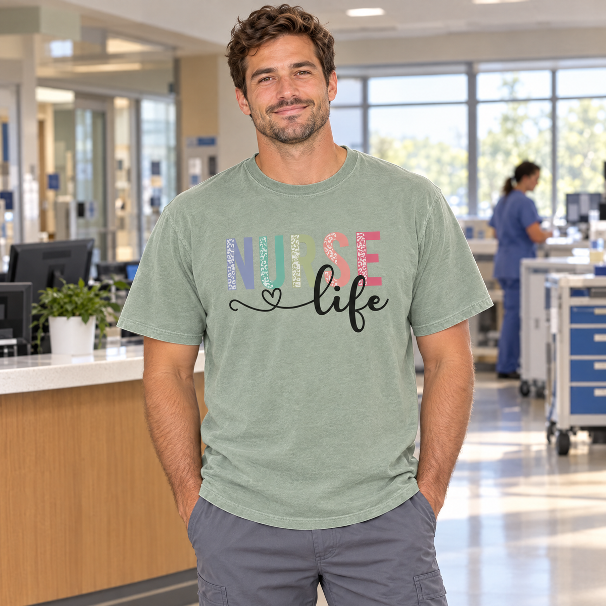 Nurse Life shirt in Sage Comfort Colors, worn by a model