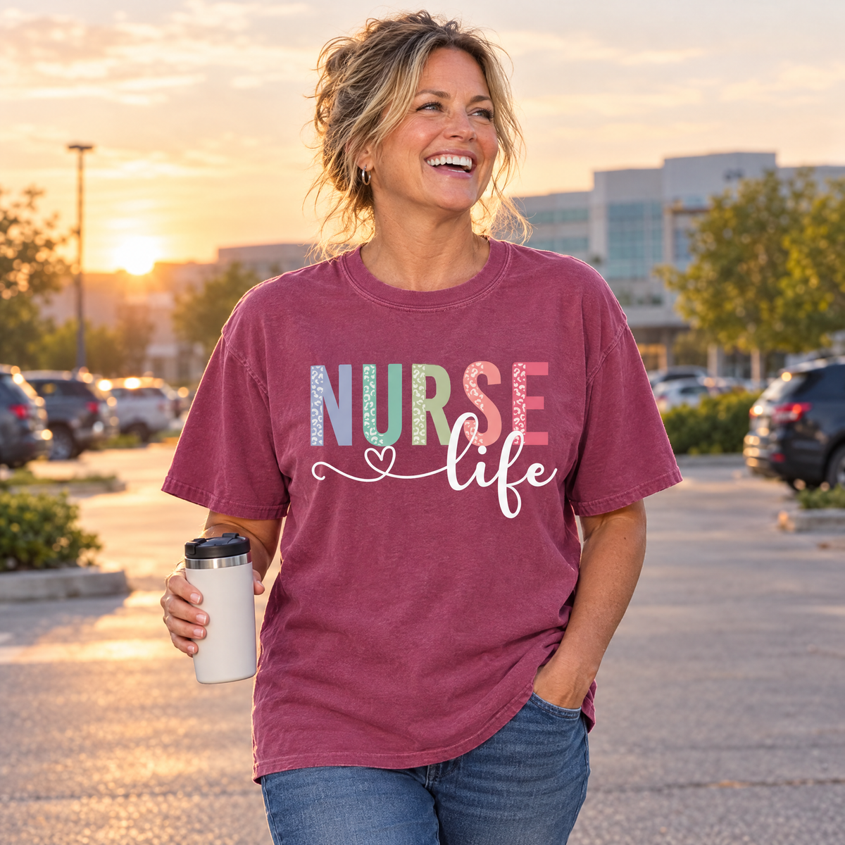 Nurse Life shirt in Berry Comfort Colors, worn by a model