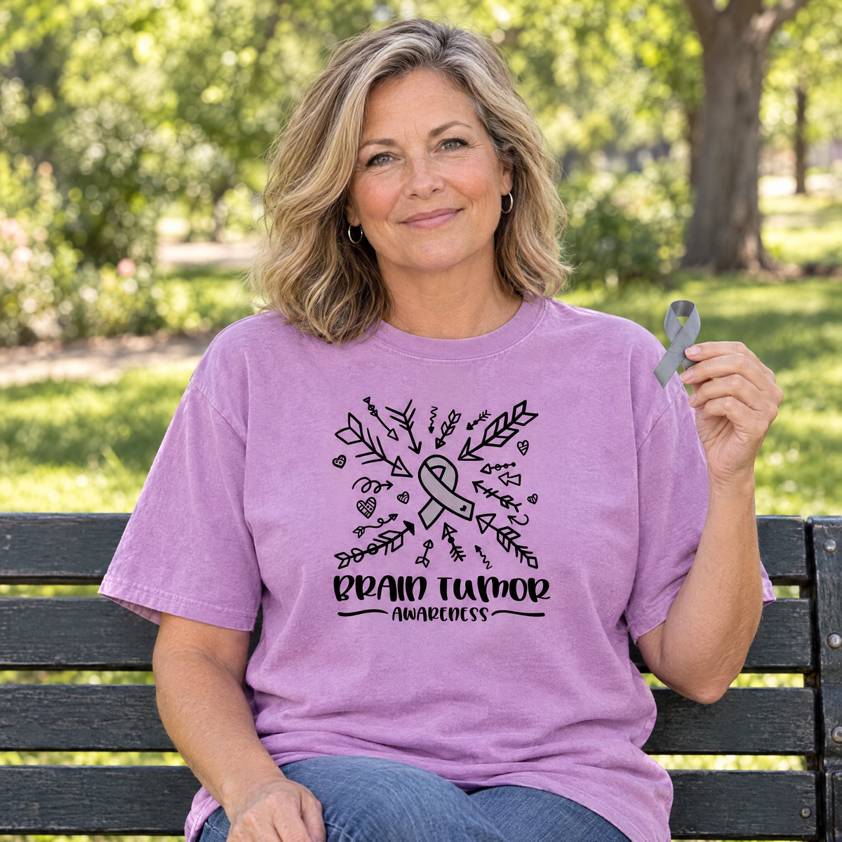 Brain Tumor Awareness shirt in Orchid Comfort Colors, worn by a model
