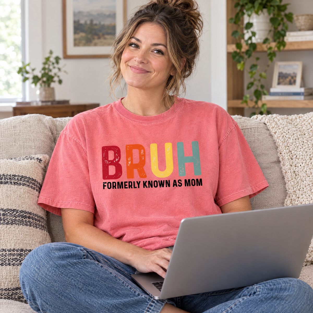 Bruh Formerly Known As Mom shirt in Watermelon Comfort Colors, worn by a model