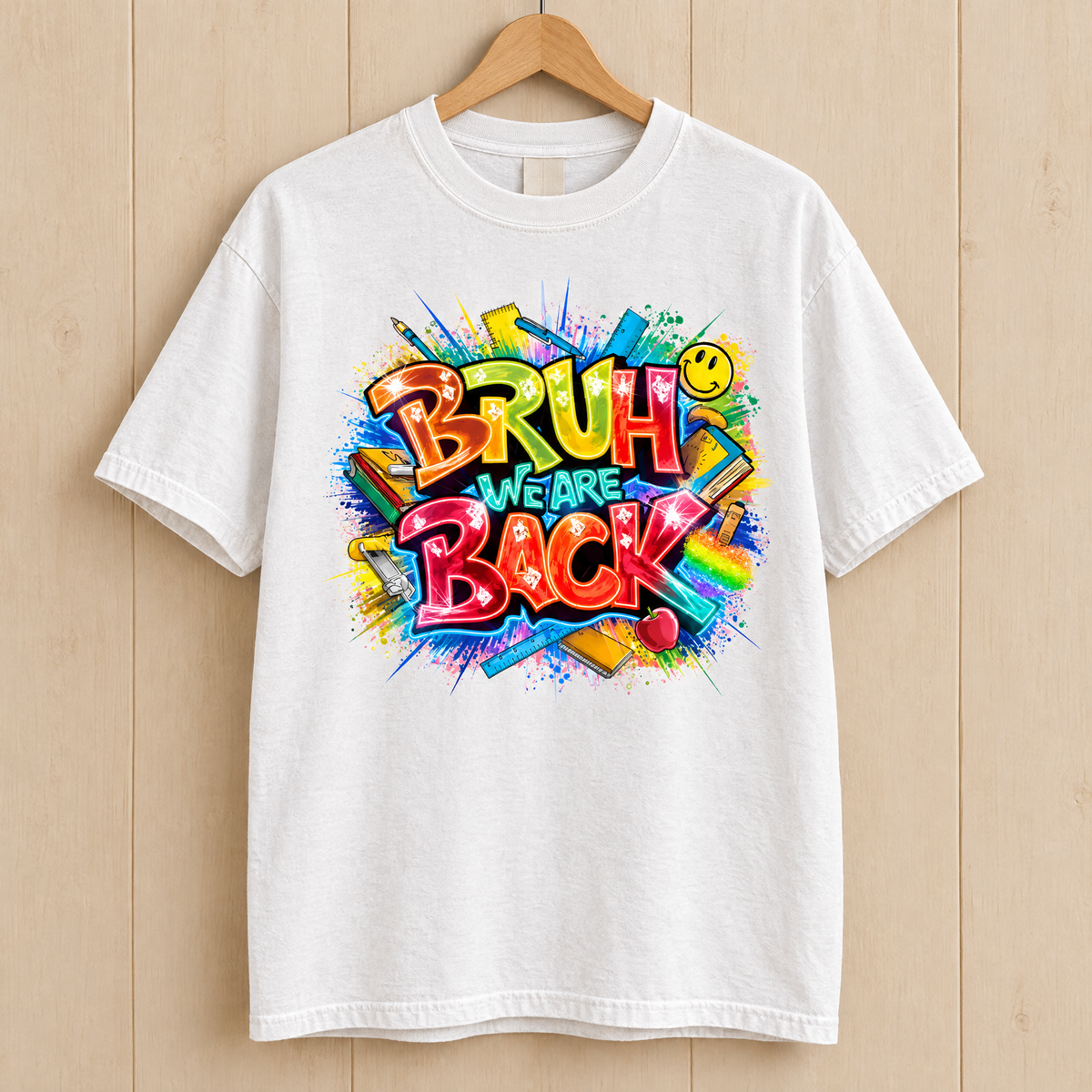Bruh We Are Back shirt in White Comfort Colors, on a wooden hanger
