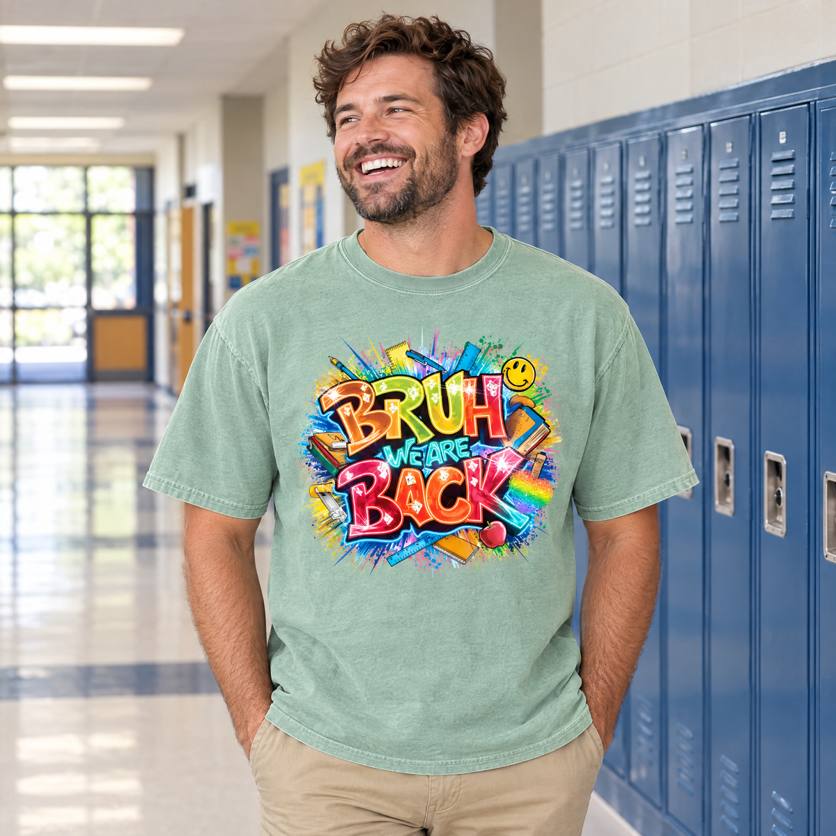 Bruh We Are Back shirt in Light Green Comfort Colors, worn by a model
