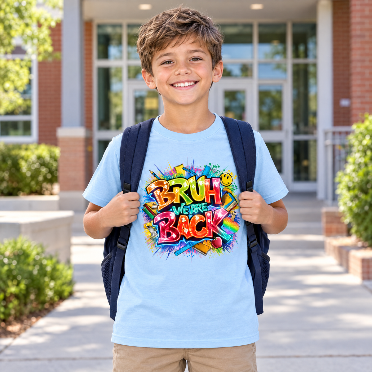 Bruh We Are Back shirt youth kids tee in light blue, worn by a boy on the first day of school