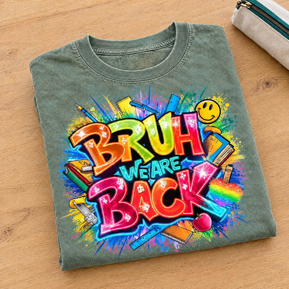 Bruh We Are Back shirt in Sage Comfort Colors, neatly folded