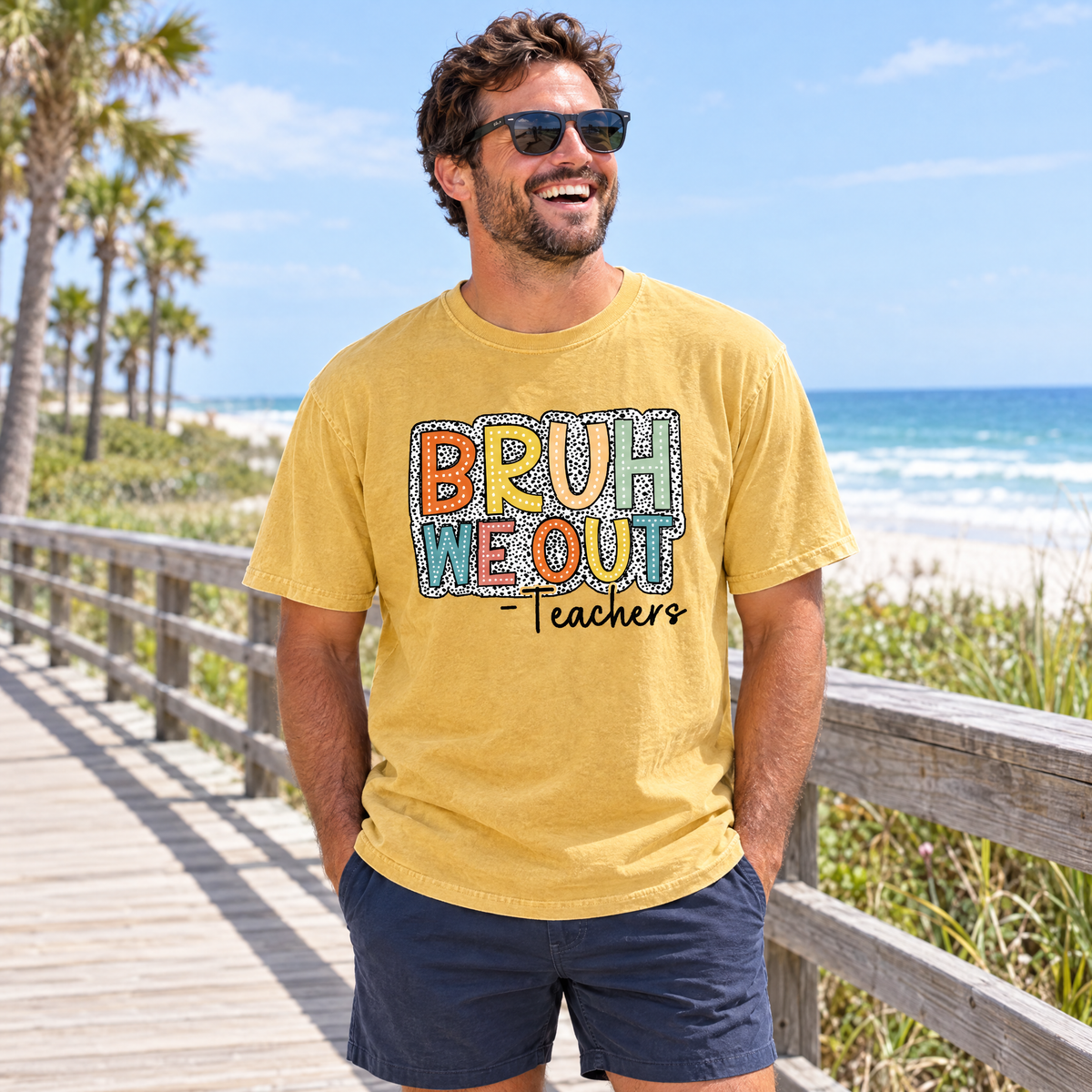 Bruh We Out Teachers shirt in Mustard Comfort Colors, worn by a model