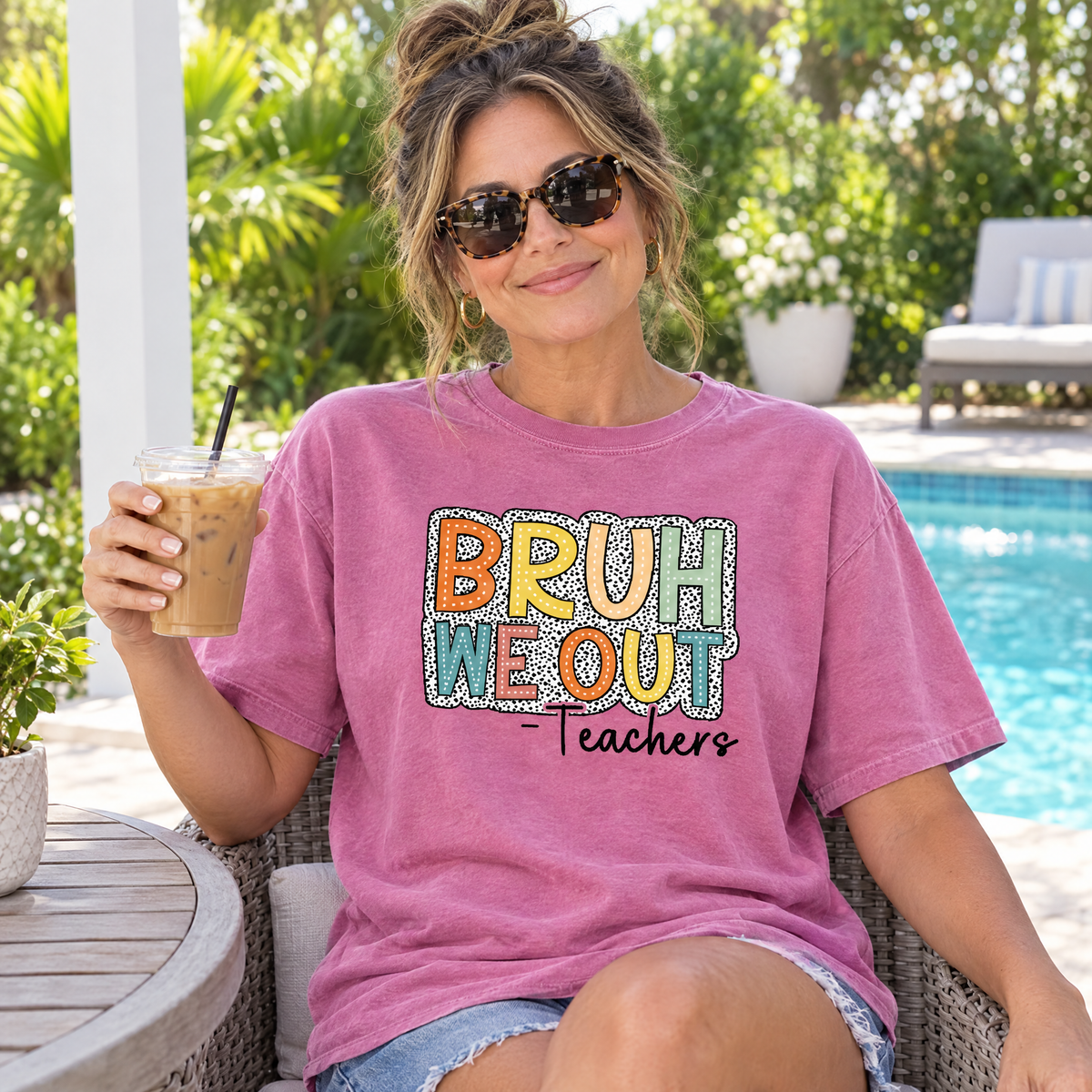 Bruh We Out Teachers shirt in Orchid Comfort Colors, worn by a model