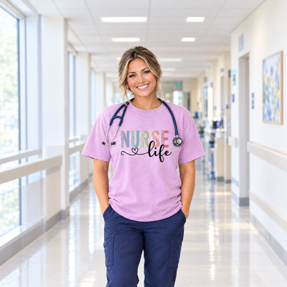 Nurse Life shirt in Orchid Comfort Colors, worn by a model