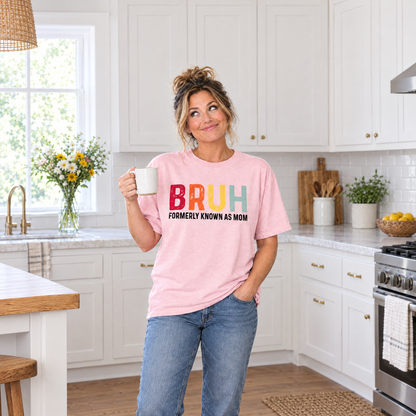 Bruh Formerly Known As Mom shirt in Blossom Comfort Colors, worn by a model
