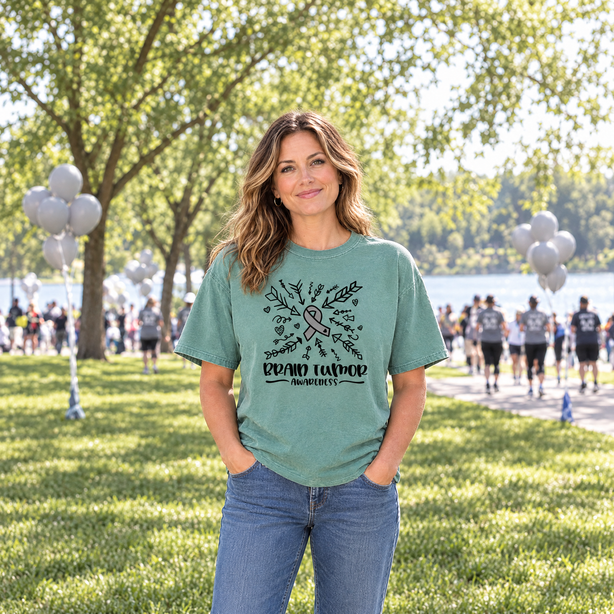 Brain Tumor Awareness shirt in green Comfort Colors, worn by a woman at an awareness walk