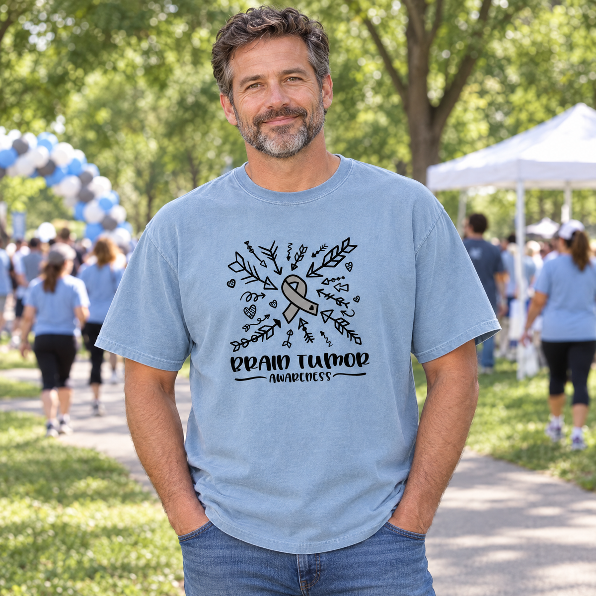 Brain Tumor Awareness shirt in Chambray Comfort Colors, worn by a model