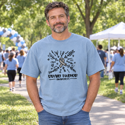Brain Tumor Awareness shirt in Chambray Comfort Colors, worn by a model