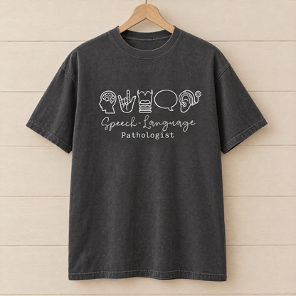 Speech Language Pathologist shirt in Pepper Comfort Colors, on a wooden hanger