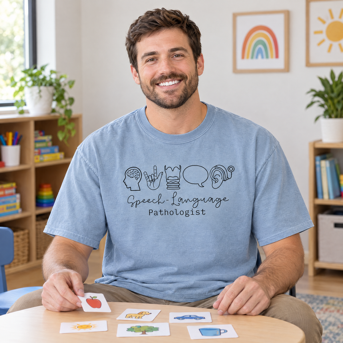 Speech Language Pathologist shirt in Chambray Comfort Colors, worn by a model