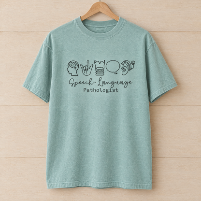 Speech Language Pathologist shirt in Seafoam Comfort Colors, on a wooden hanger