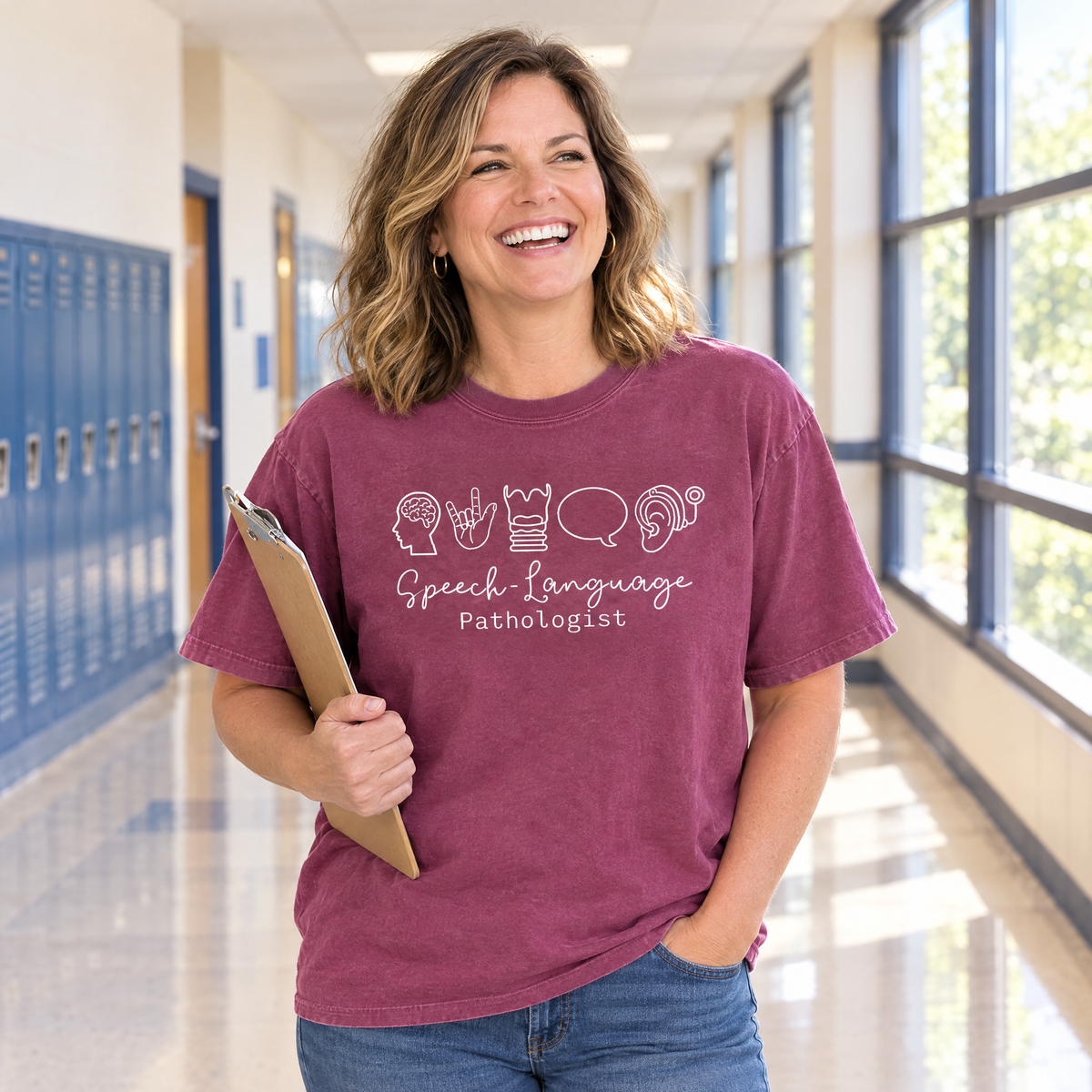 Speech Language Pathologist shirt in Berry Comfort Colors, worn by a model
