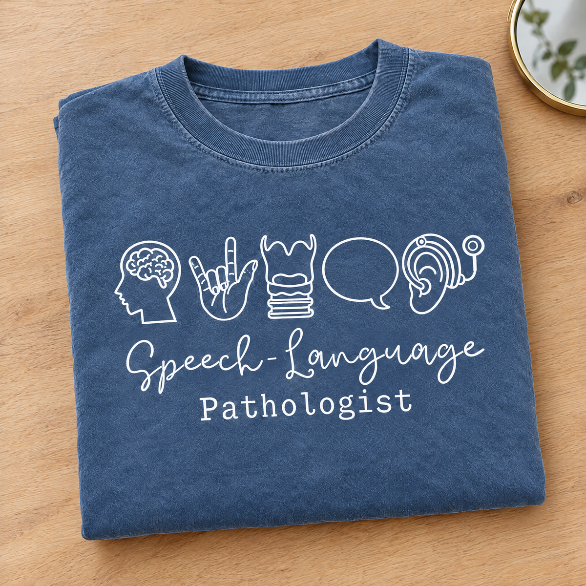 Speech Language Pathologist shirt in Blue Jean Comfort Colors, neatly folded