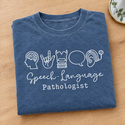 Speech Language Pathologist shirt in Blue Jean Comfort Colors, neatly folded