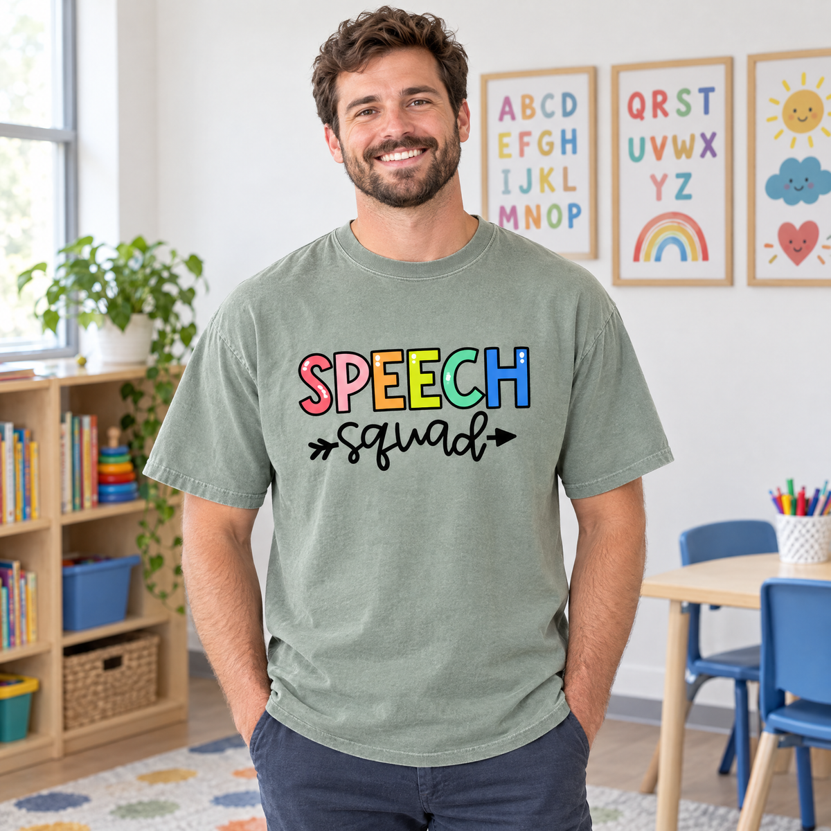Speech Squad shirt in Sage Comfort Colors, worn by a model