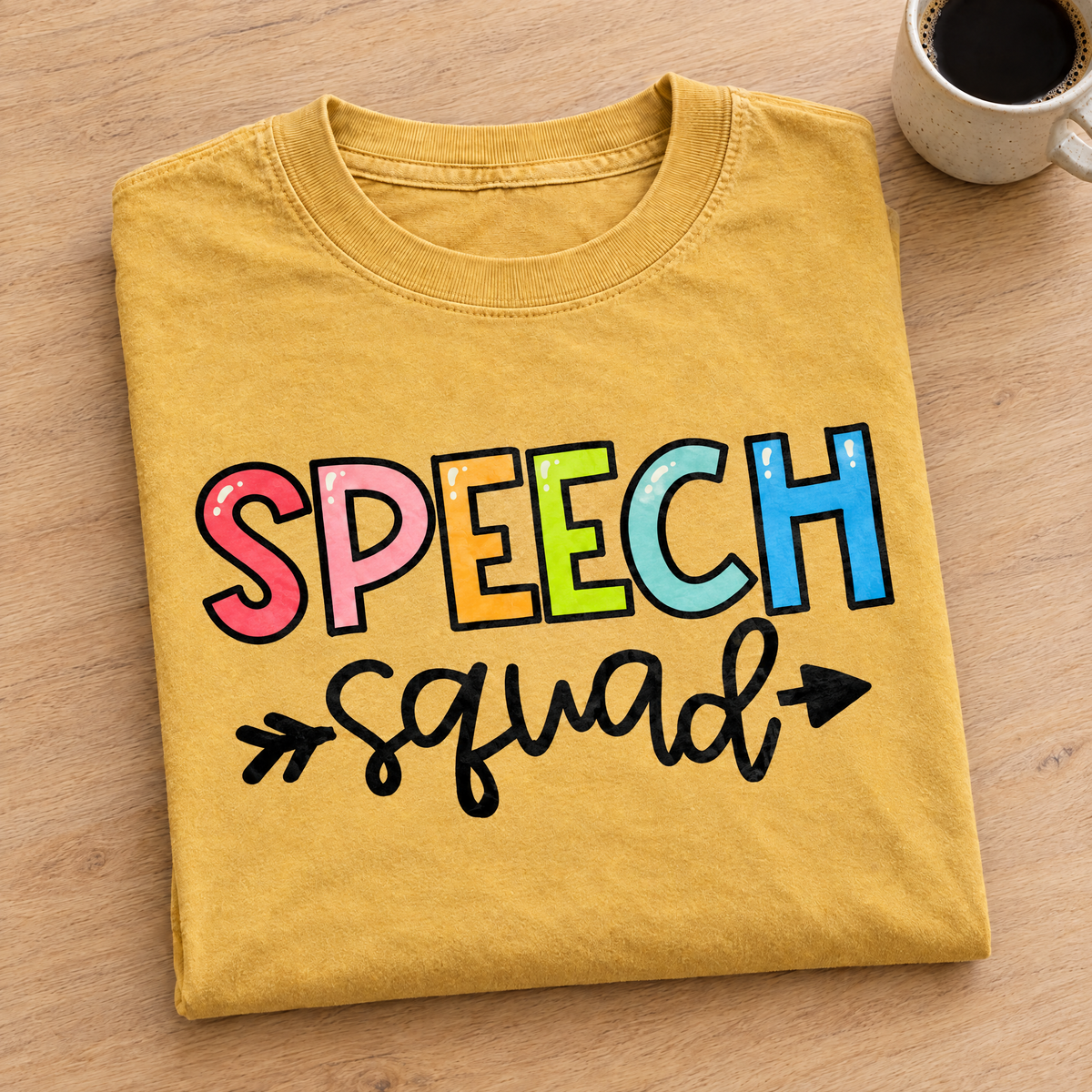 Speech Squad shirt in Mustard Comfort Colors, neatly folded