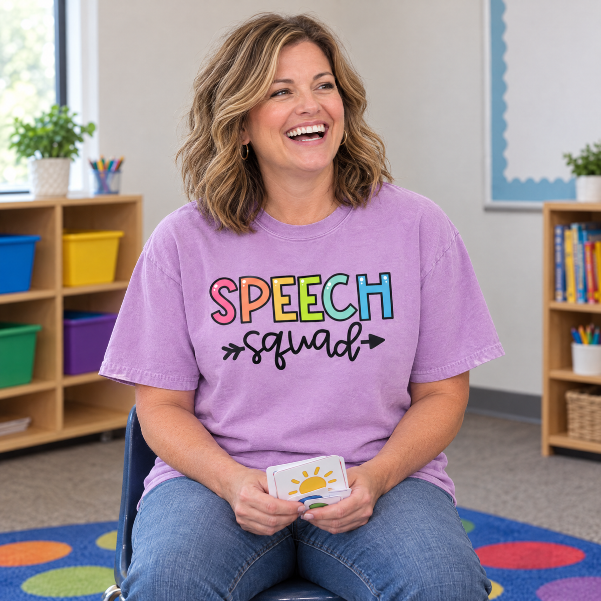 Speech Squad shirt in Orchid Comfort Colors, worn by a model