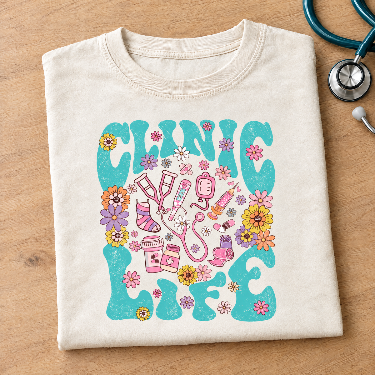 Clinic Life shirt in Ivory Comfort Colors, neatly folded