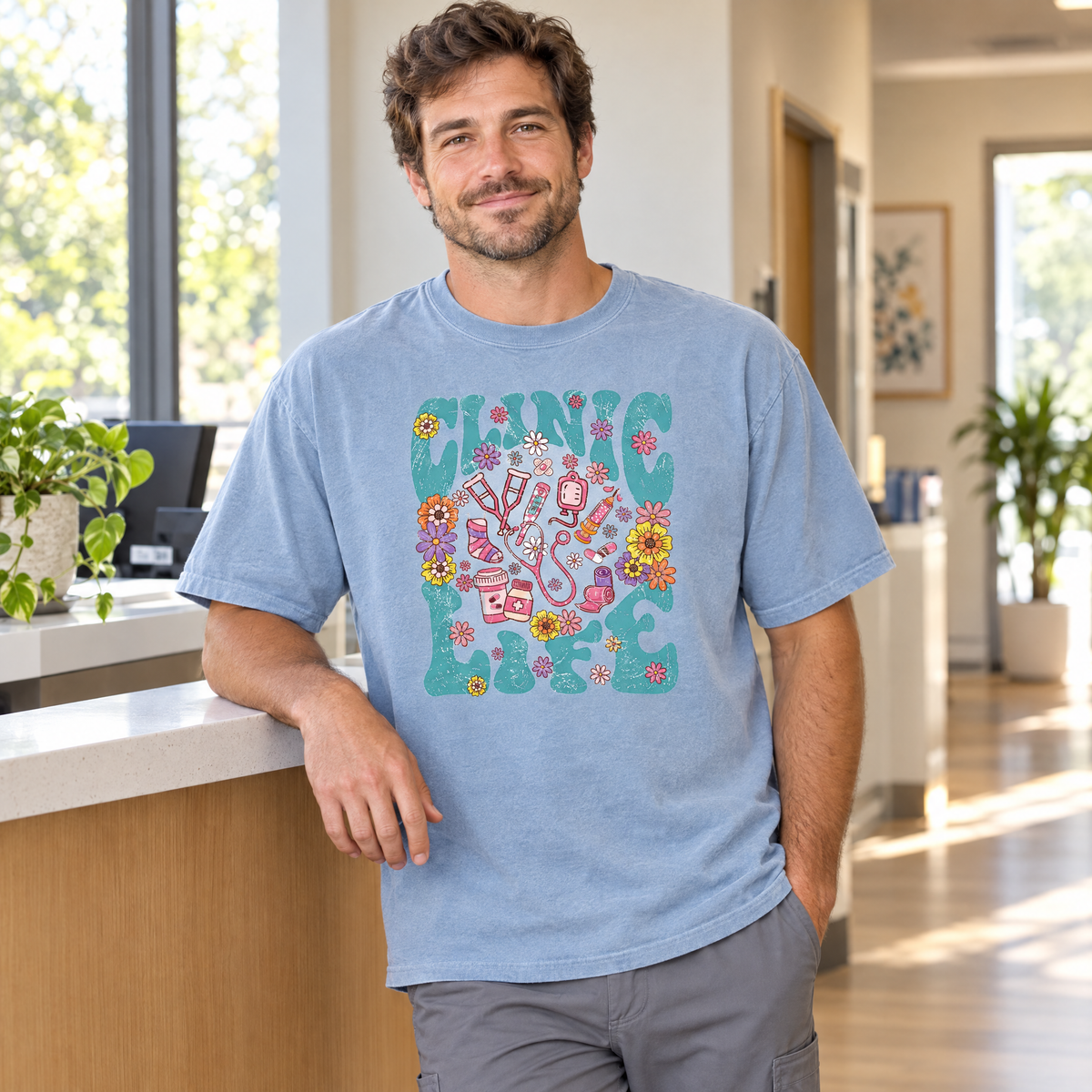 Clinic Life shirt in Chambray Comfort Colors, worn by a model