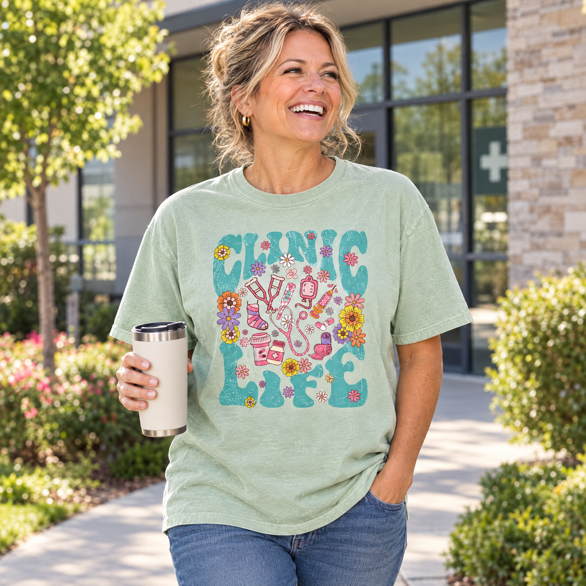 Clinic Life shirt in Light Green Comfort Colors, worn by a model