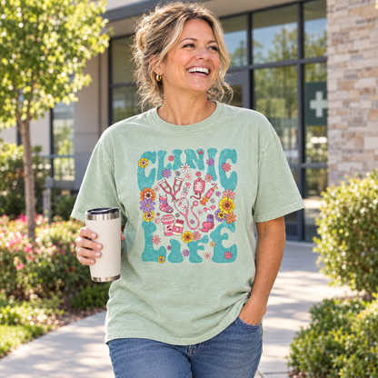 Clinic Life shirt in Light Green Comfort Colors, worn by a model