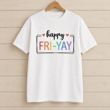 Happy Fri-Yay shirt in White Comfort Colors, on a wooden hanger