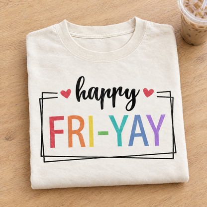 Happy Fri-Yay shirt in Ivory Comfort Colors, neatly folded