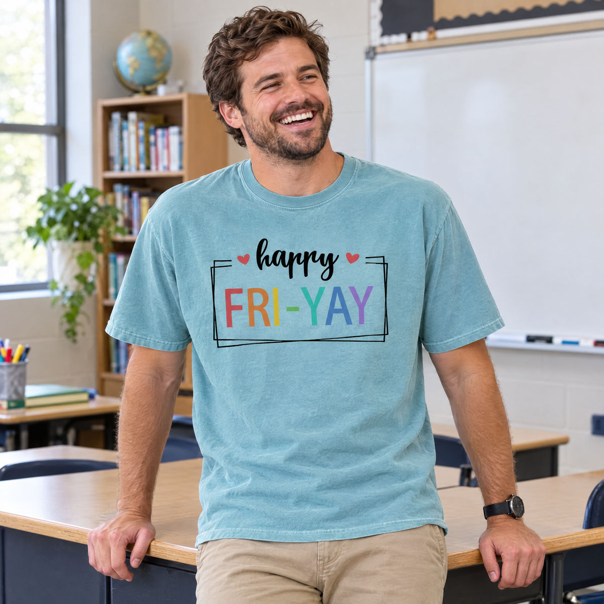 Happy Fri-Yay shirt in Lagoon Blue Comfort Colors, worn by a model