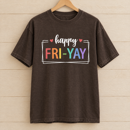 Happy Fri-Yay shirt in Espresso Comfort Colors, on a wooden hanger
