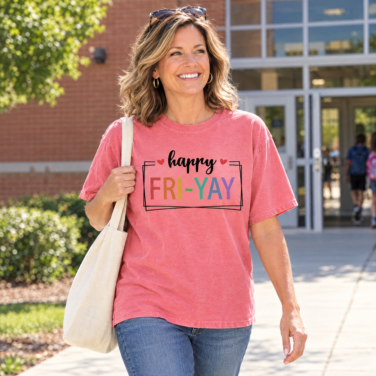 Happy Fri-Yay shirt in Watermelon Comfort Colors, worn by a model