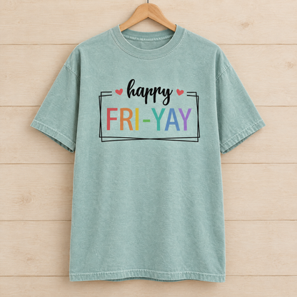 Happy Fri-Yay shirt in Seafoam Comfort Colors, on a wooden hanger