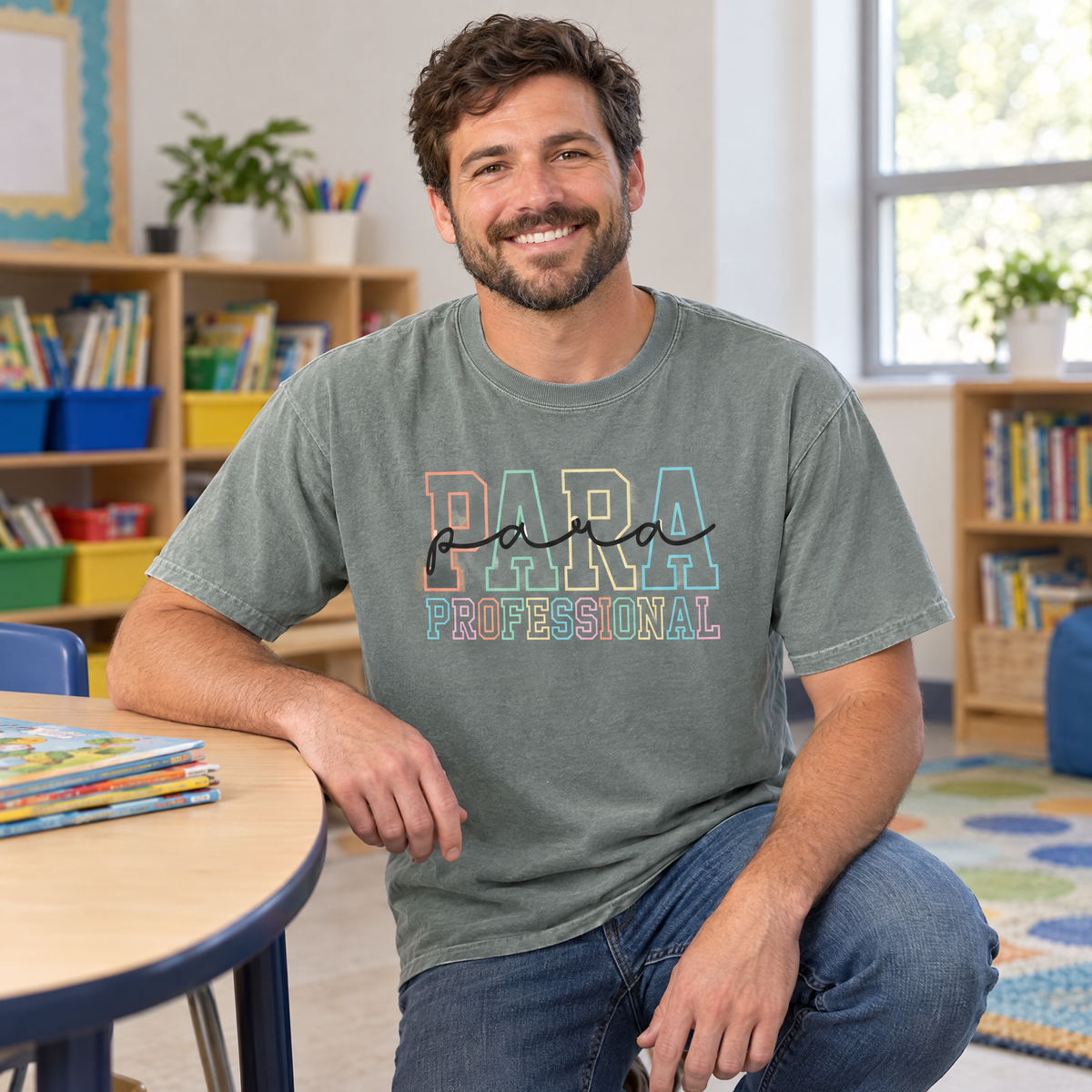 Paraprofessional shirt in Sage Comfort Colors, worn by a model