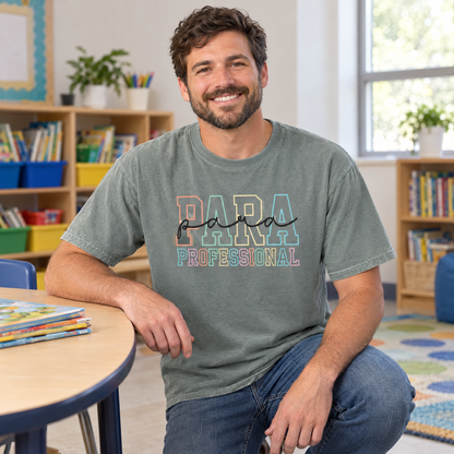 Paraprofessional shirt in Sage Comfort Colors, worn by a model