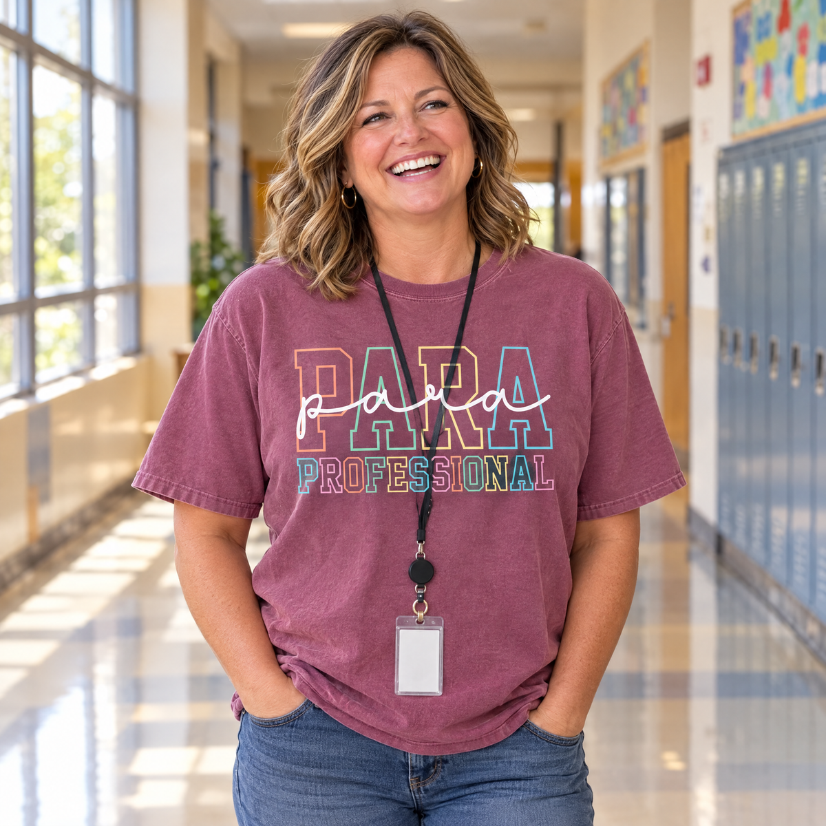 Paraprofessional shirt in Berry Comfort Colors, worn by a model