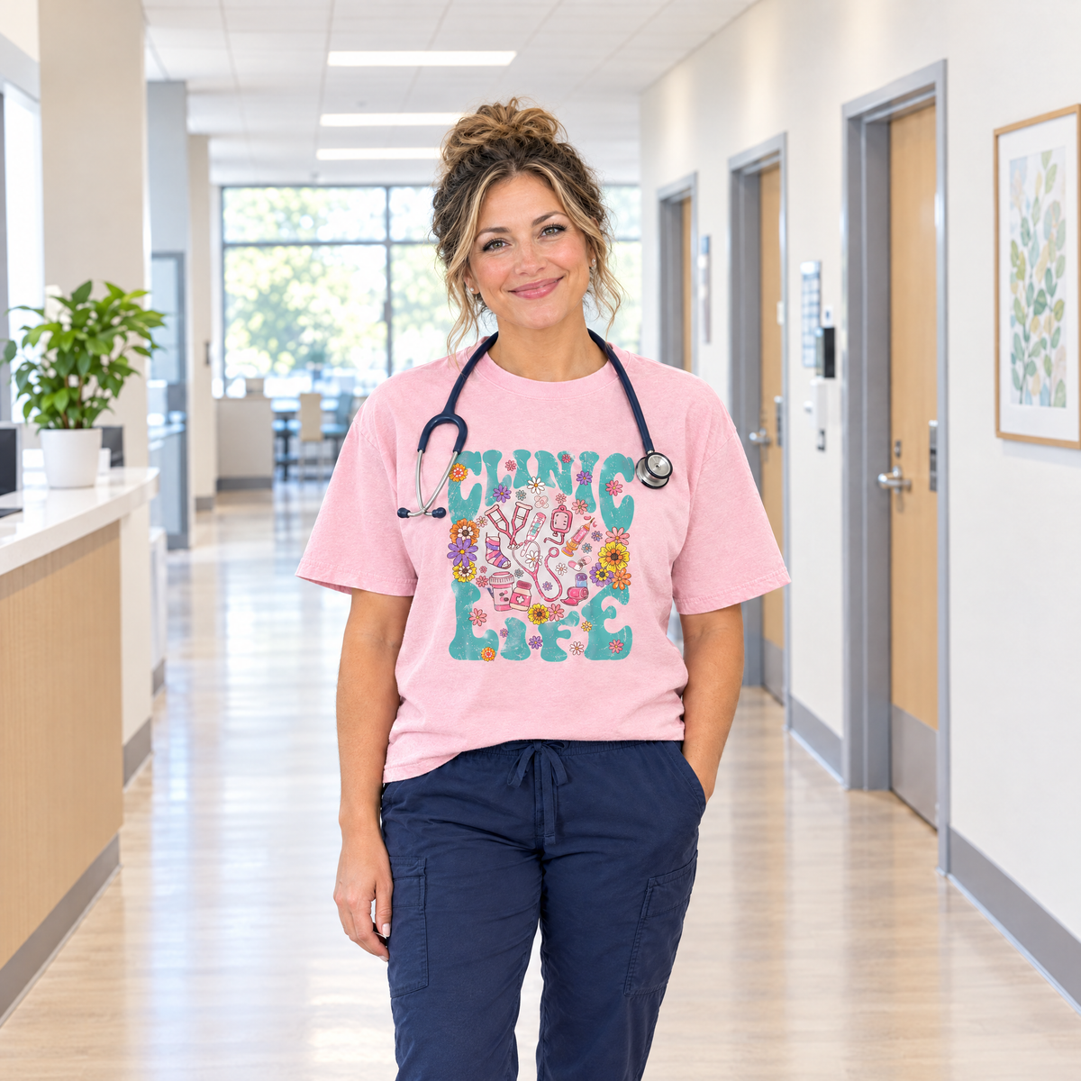 Clinic Life shirt in Blossom Comfort Colors, worn by a model