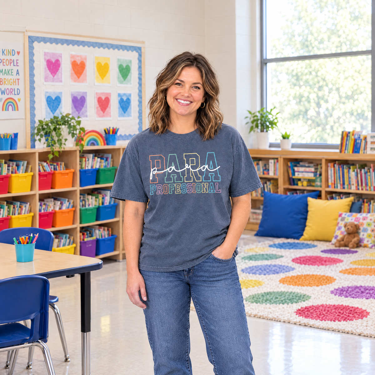 Paraprofessional shirt in Blue Jean Comfort Colors, worn by a model