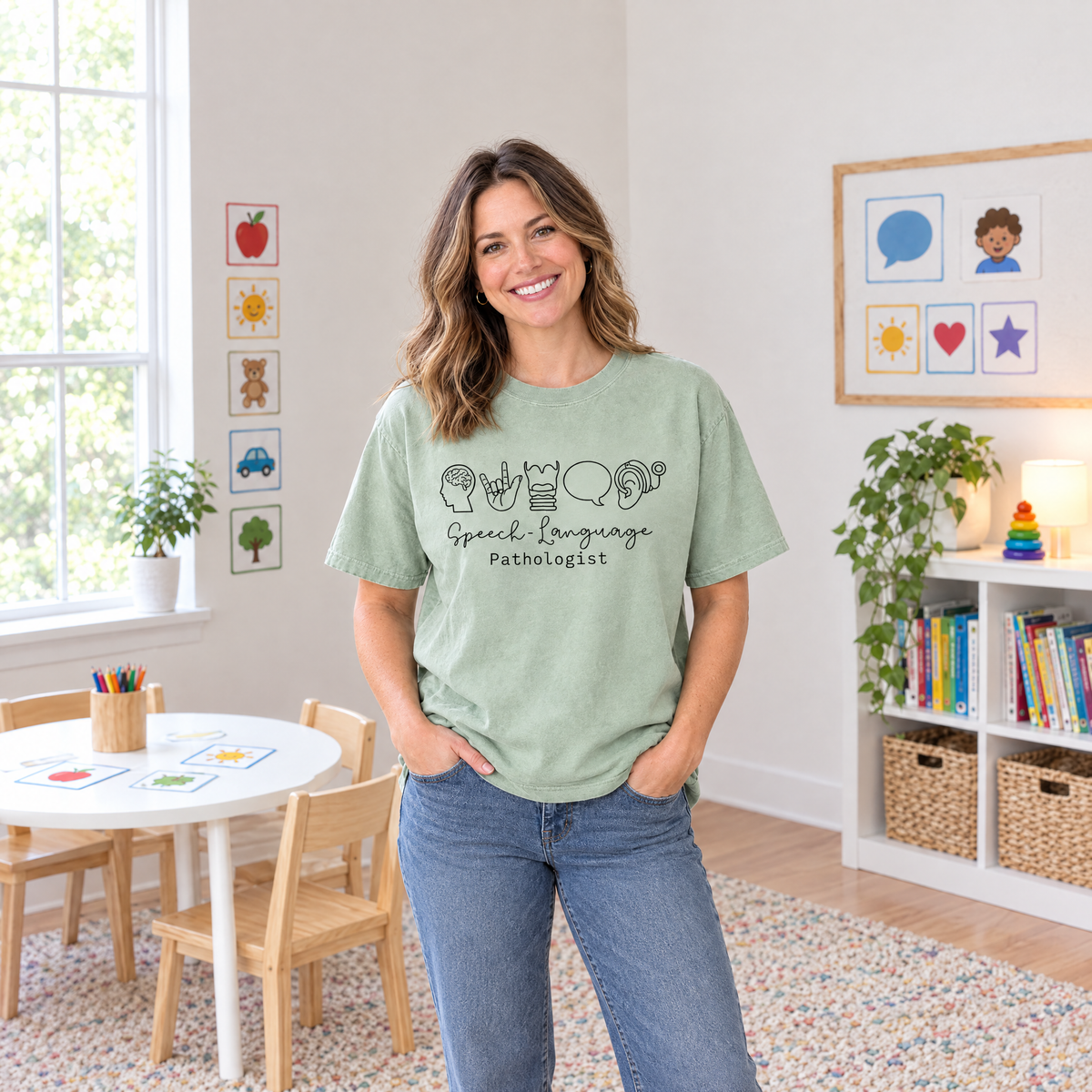 Speech Language Pathologist shirt in Light Green Comfort Colors, worn by a model