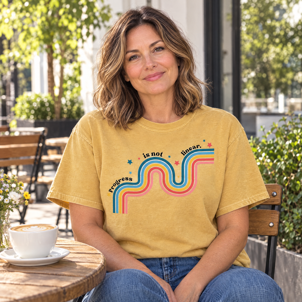 Progress Is Not Linear shirt in Mustard Comfort Colors, worn by a seated model