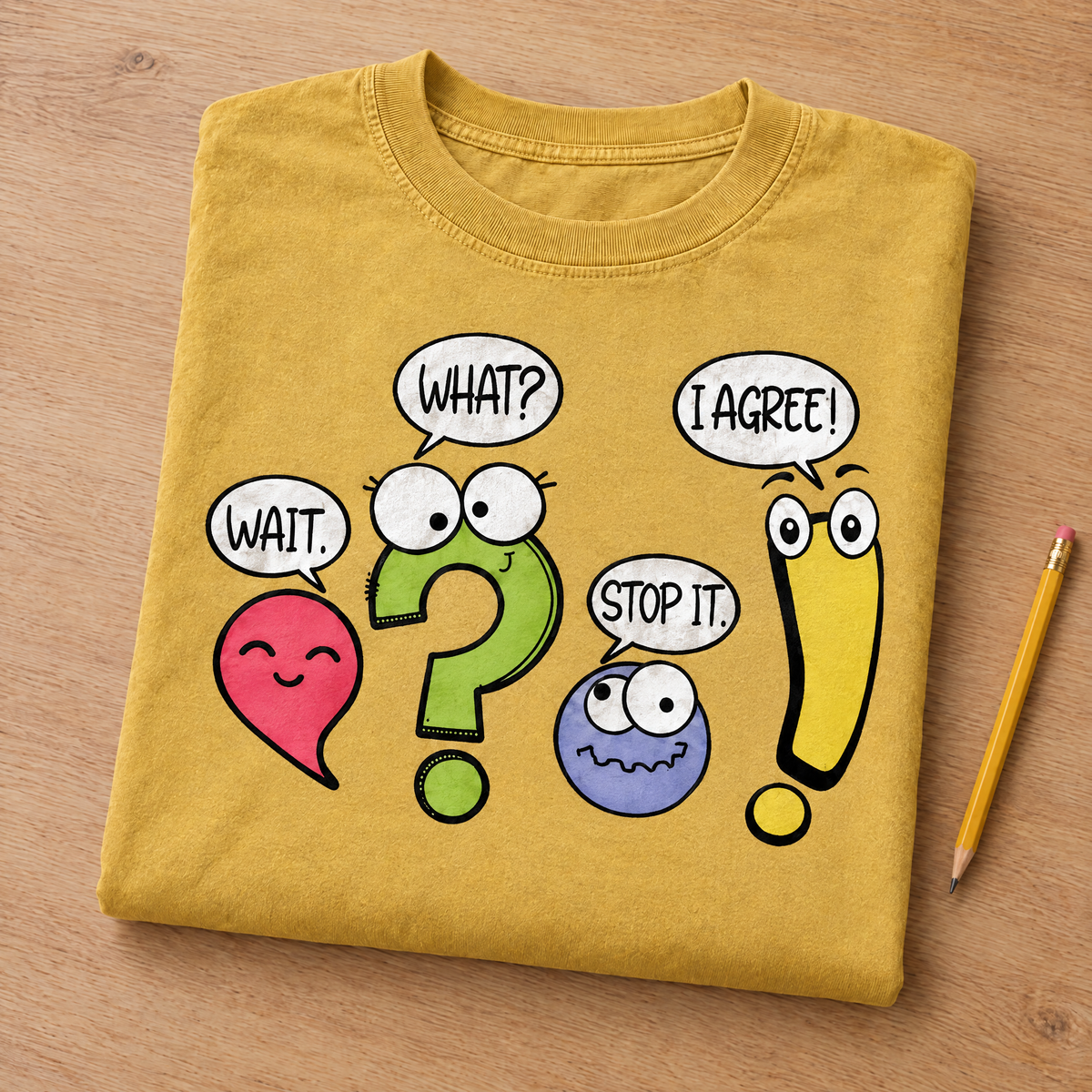 Punctuation shirt in Mustard Comfort Colors, neatly folded