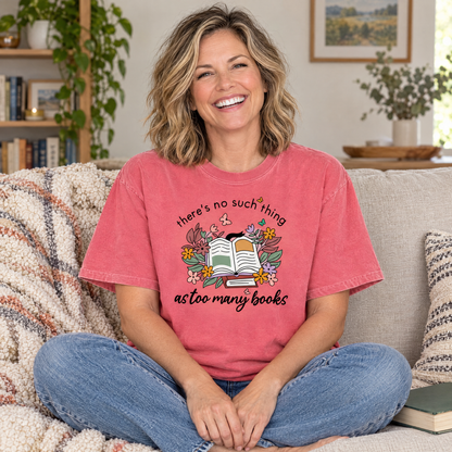 Too Many Books shirt in Watermelon Comfort Colors, worn by a seated model